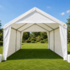 10x20 white tent rental with sidewalls, string lighting, patio heater, tables, and chairs