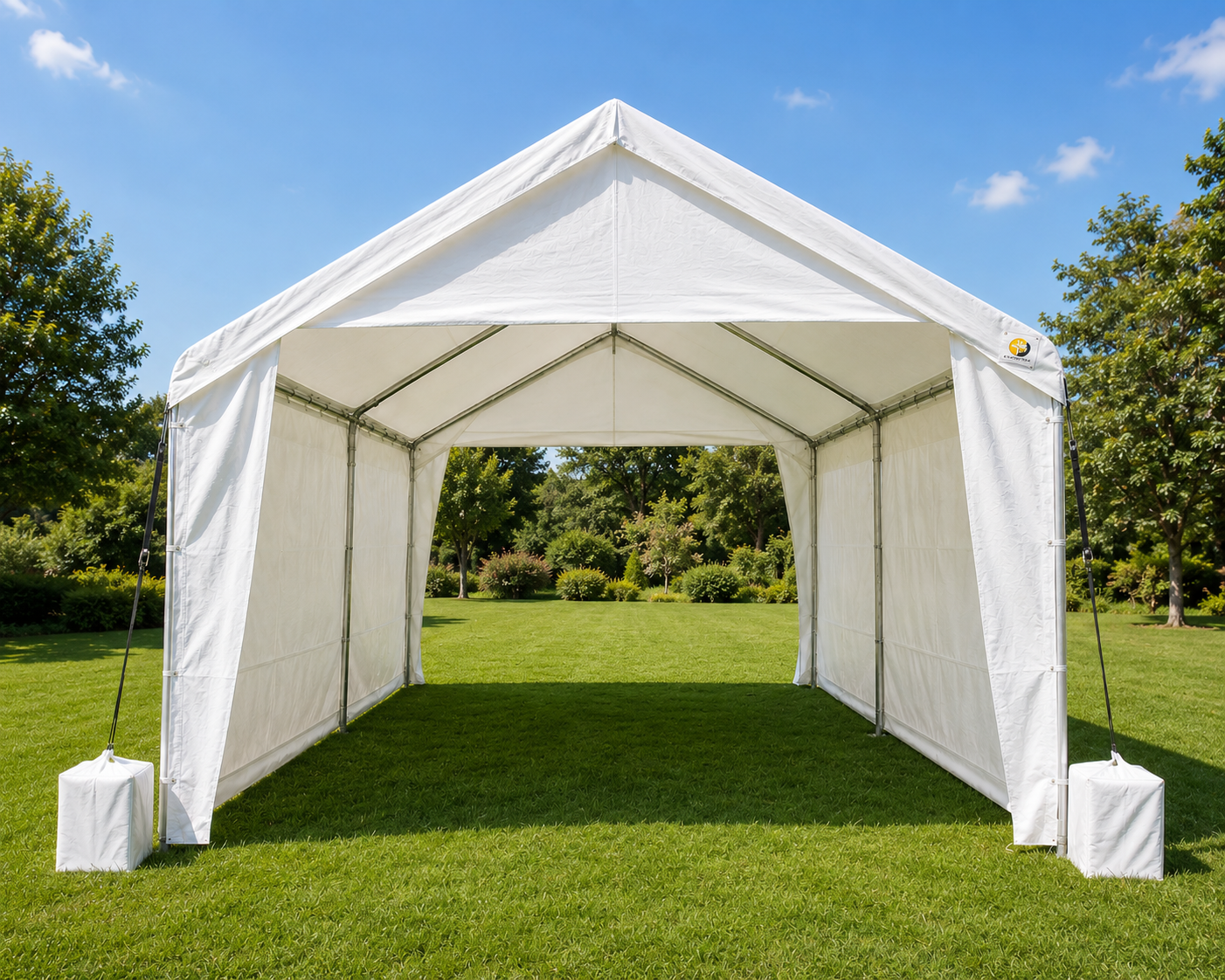 10x20 white tent rental with sidewalls, string lighting, patio heater, tables, and chairs