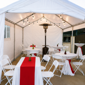 10x20 white tent rental with sidewalls, lighting, heater, tables, and chairs