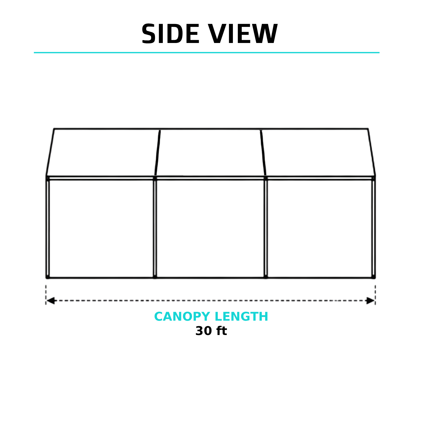 Side view of a 15x30 high-peak tent showing 30-foot canopy length, set up for a mid-to-large outdoor event in Los Angeles