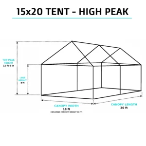 Isometric view of a 15x20 high-peak tent with 12ft 6in peak height, 18ft width (21ft with weights), and 20ft length for mid-sized outdoor events