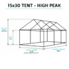 Isometric view of a 15x30 high-peak tent with 12ft 6in peak height, 18ft width (21ft with weights), and 30ft length for mid-to-large outdoor events