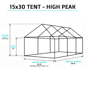 Isometric view of a 15x30 high-peak tent with 12ft 6in peak height, 18ft width (21ft with weights), and 30ft length for mid-to-large outdoor events
