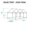 Isometric view of a 10x30 high-peak tent with 10ft 6in peak height, 11ft 6in width (13ft with weights), and 30ft length for mid-sized outdoor events