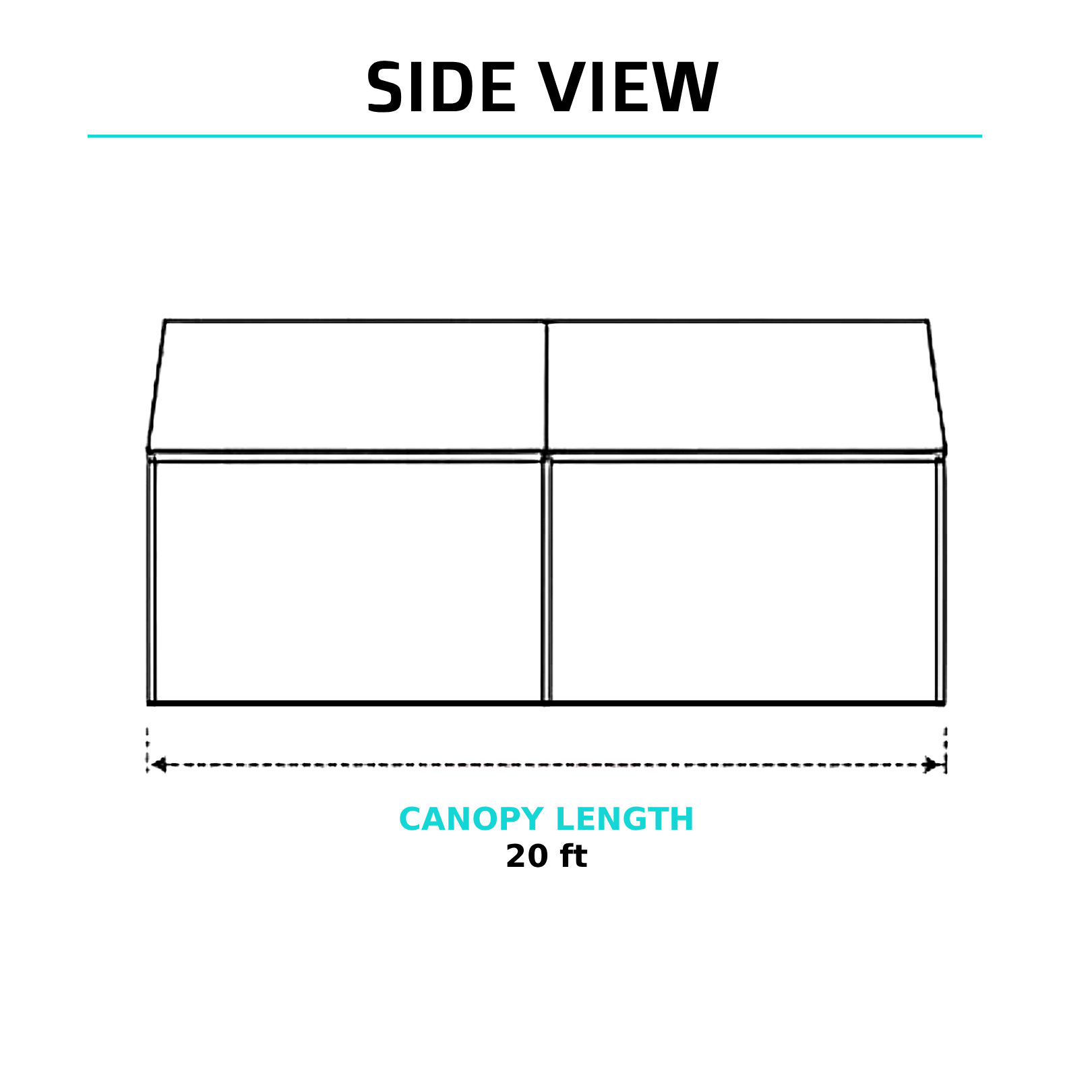 Side view of a 15x20 high-peak tent showing 20-foot canopy length, set up for a mid-sized outdoor event