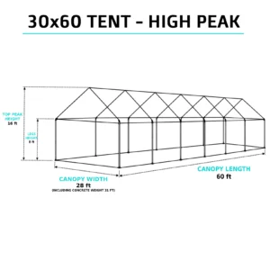 30x60 high-peak tent overview with 12ft 8in peak height and 8ft legs, set up for an extra-large outdoor event