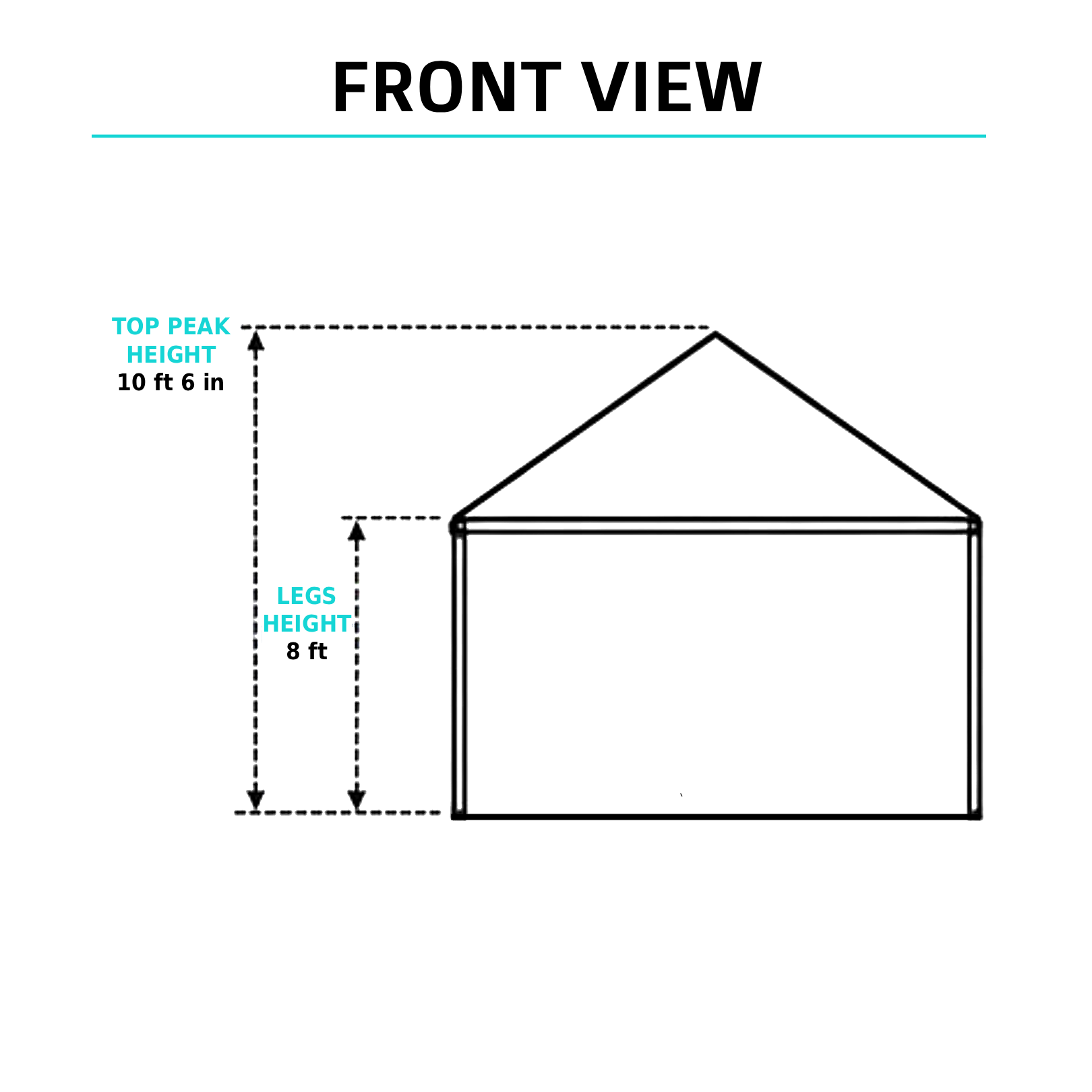Front view of a 10x20 high-peak tent with 10ft 6in peak height and 8ft legs, set up for an outdoor event.