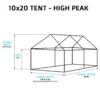 Overall view of a 10x20 high-peak tent with 10ft 6in peak height and 8ft legs, set up for outdoor events.
