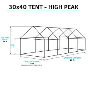 30x40 high-peak tent overview with 12ft 8in peak height and 8ft legs, set up for a large-scale outdoor event