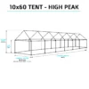 Isometric view of a 10x60 high-peak tent with 10ft 6in peak height, 10ft 6in width (13ft 6in with weights), and 60ft length for large-scale outdoor events