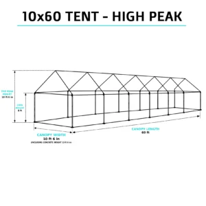 Isometric view of a 10x60 high-peak tent with 10ft 6in peak height, 10ft 6in width (13ft 6in with weights), and 60ft length for large-scale outdoor events