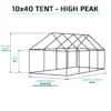 Isometric view of a 10x40 high-peak tent with 10ft 6in peak height, 11ft 6in width (13ft with weights), and 40ft length for large outdoor events