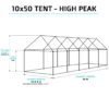 Isometric view of a 10x50 high-peak tent with 10ft 6in peak height, 11ft 6in width (13ft with weights), and 50ft length for large outdoor events