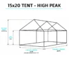 Isometric view of a 15x20 high-peak tent with 12ft 6in peak height, 18ft width (21ft with weights), and 20ft length for mid-sized outdoor events
