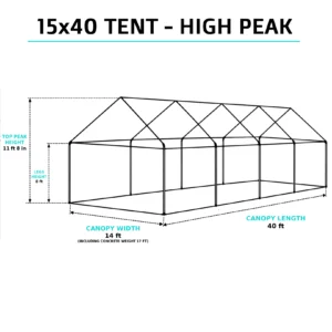 15x40 high-peak tent overview with 12ft 6in peak height and 8ft legs, set up for a large outdoor event