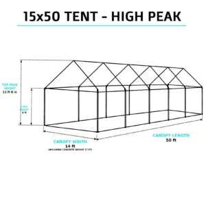 15x50 high-peak tent overview with 11ft 8in peak height and 8ft legs, set up for a large-scale outdoor event