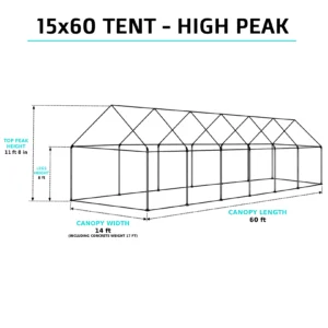 15x60 high-peak tent overview with 11ft 8in peak height and 8ft legs, set up for an extra-large outdoor event
