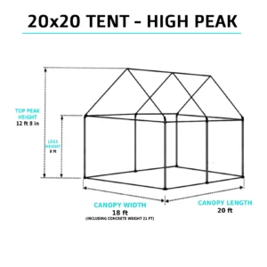 20x20 high-peak tent overview with 12ft 8in peak height and 8ft legs, set up for a mid-sized outdoor event