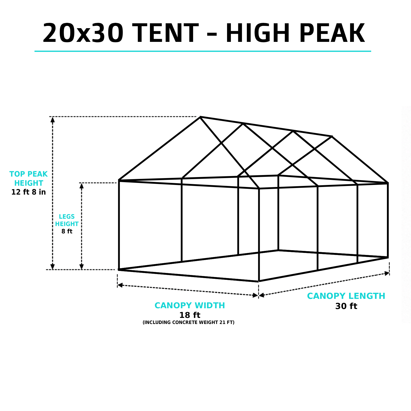 20x30 high-peak tent overview with 12ft 8in peak height and 8ft legs, set up for a large outdoor event