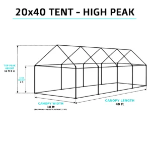 20x40 high-peak tent overview with 12ft 8in peak height and 8ft legs, set up for a large outdoor event