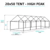 20x50 high-peak tent overview with 12ft 8in peak height and 8ft legs, set up for a large-scale outdoor event
