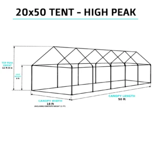 20x50 high-peak tent overview with 12ft 8in peak height and 8ft legs, set up for a large-scale outdoor event