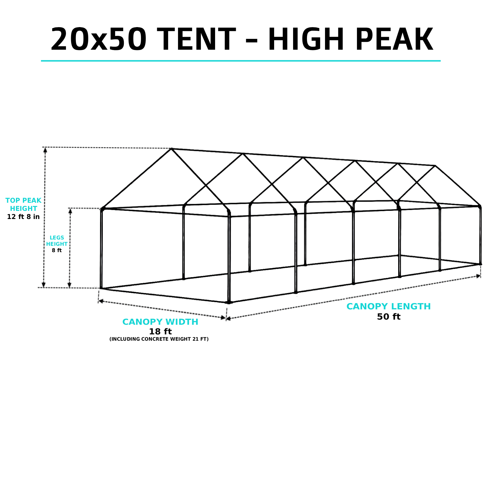 20x50 high-peak tent overview with 12ft 8in peak height and 8ft legs, set up for a large-scale outdoor event