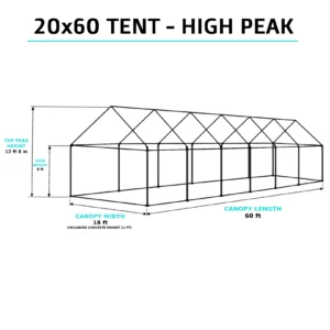 20x60 high-peak tent overview with 12ft 8in peak height and 8ft legs, set up for an extra-large outdoor event