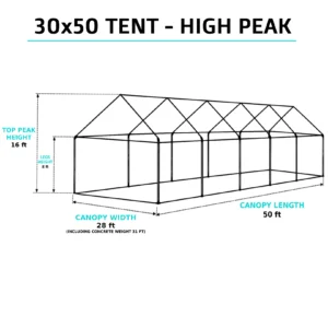 30x50 high-peak tent overview with 12ft 8in peak height and 8ft legs, set up for a large-scale outdoor event