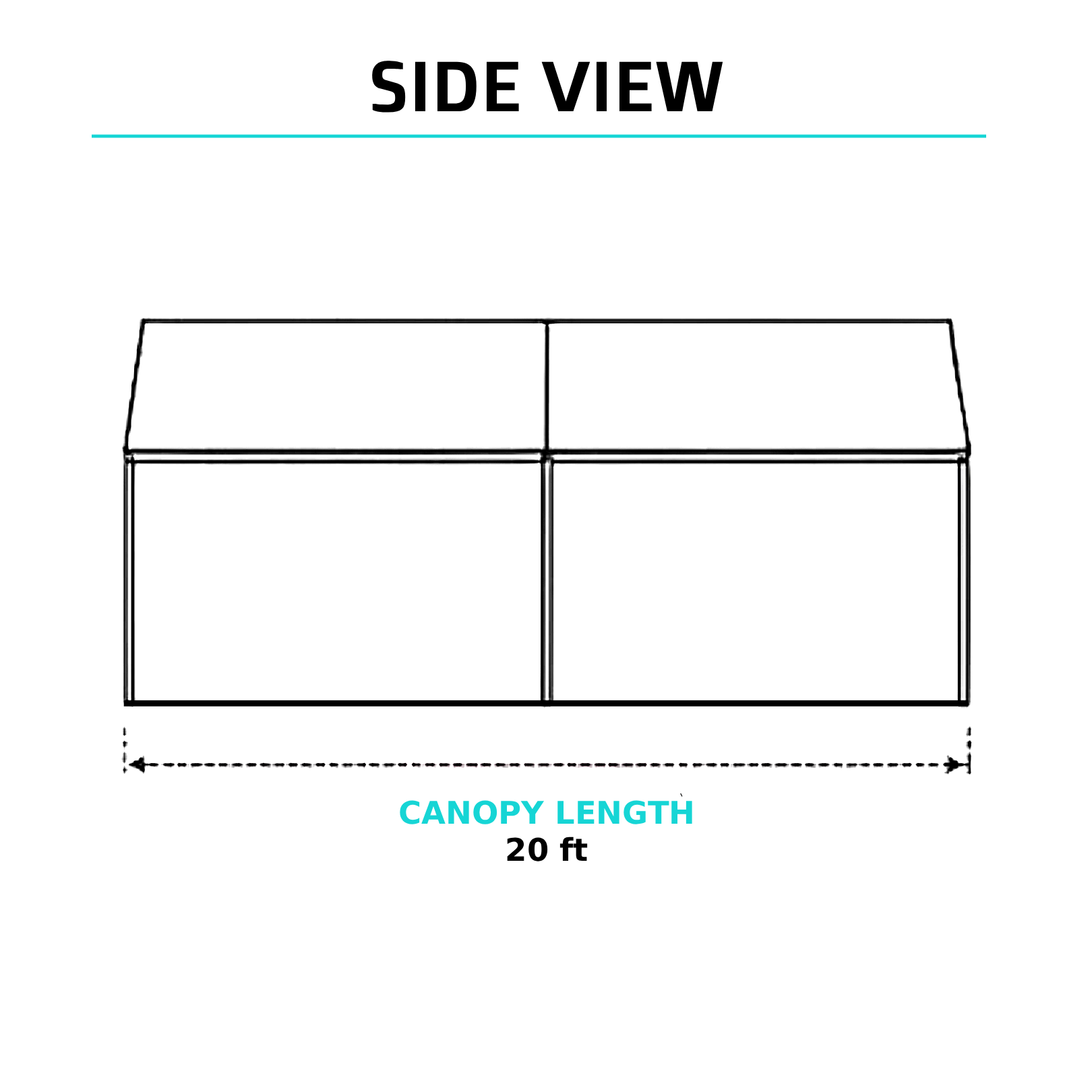 Side view of a 10x20 high-peak tent showing 20-foot canopy length, set up for an outdoor event.