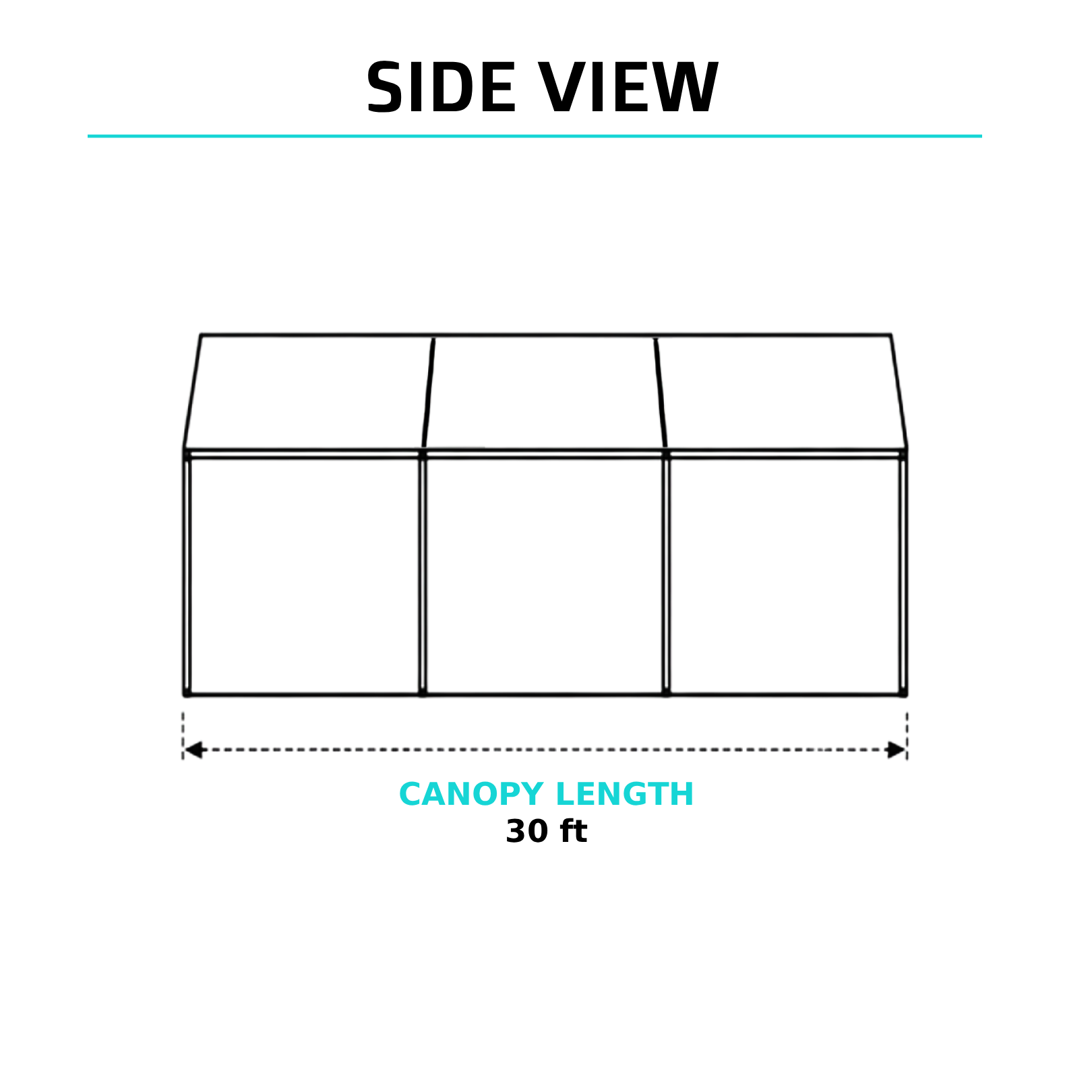 Side view of a 20x30 high-peak tent showing 30-foot canopy length, set up for a large outdoor event