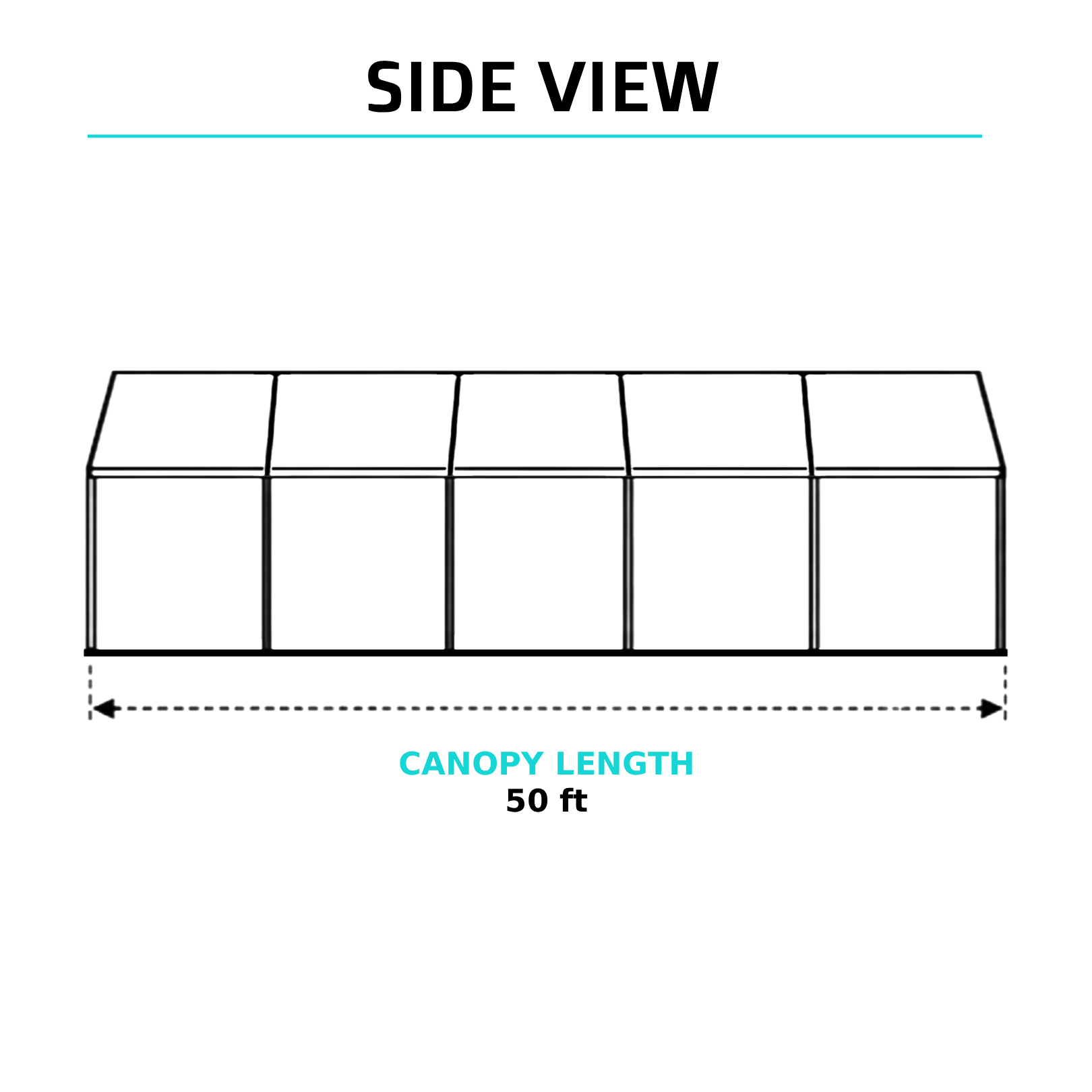 Side view of a 30x50 high-peak tent showing 50-foot canopy length, set up for a large-scale outdoor event