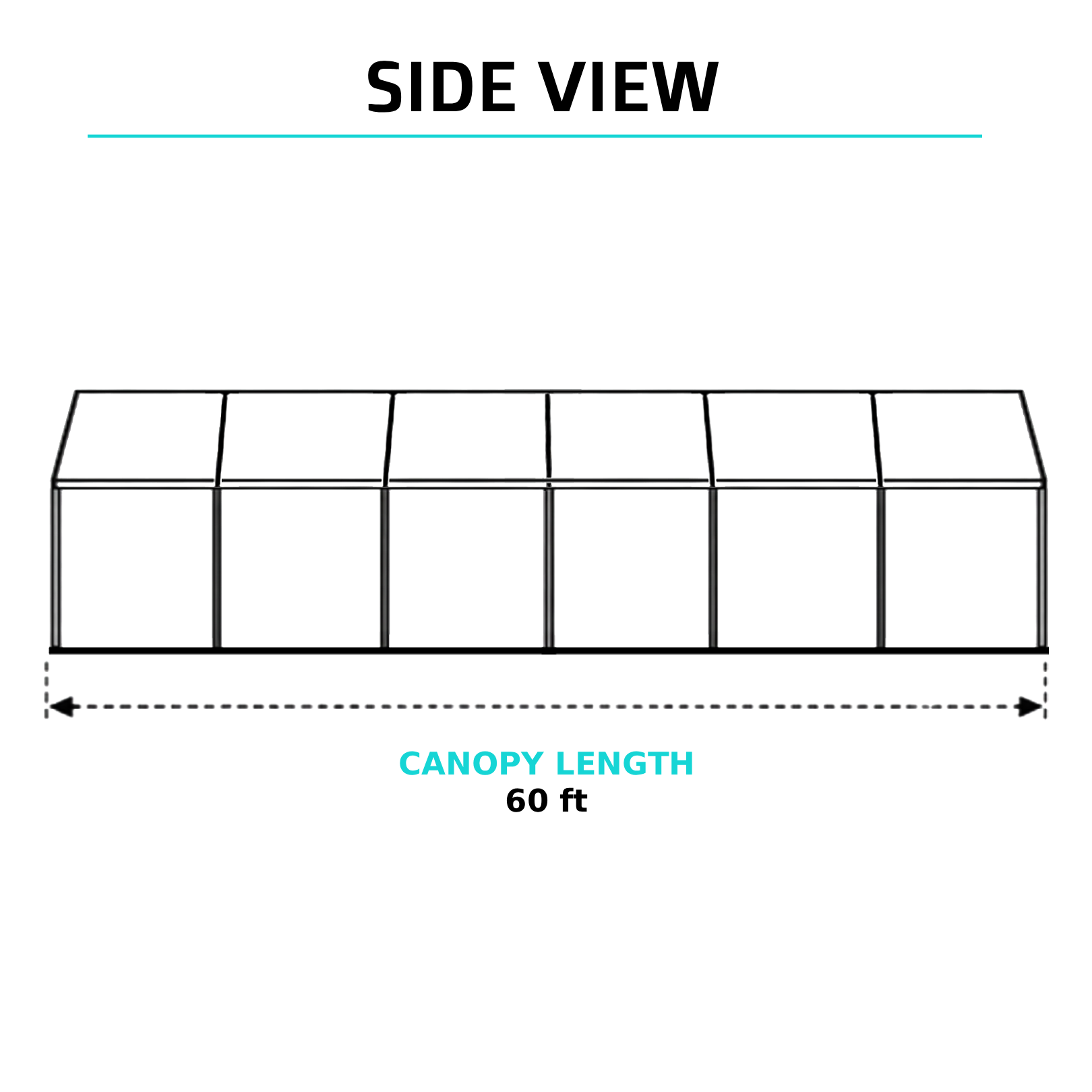 Side view of a 30x60 high-peak tent showing 60-foot canopy length, set up for an extra-large outdoor event