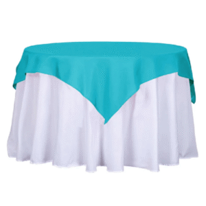 60-inch square turquoise polyester table overlay, ideal for elegant event setups and party rentals in Los Angeles.