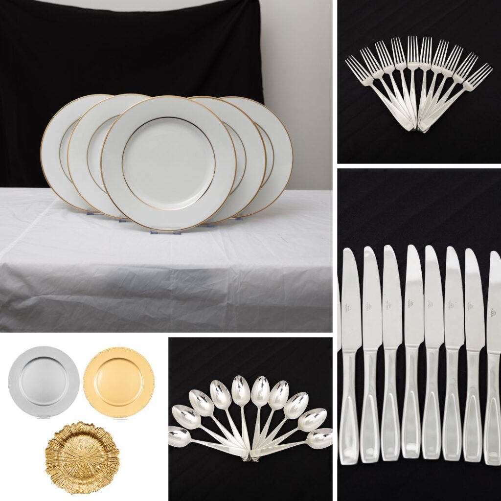 Tlapazola Event Rentals' elegant white and gold rim dinnerware set with silver flatware, perfect for upscale events in Los Angeles.