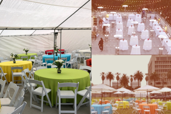 Colorful party event setup with tables and chairs under a tent and outdoors in Los Angeles.