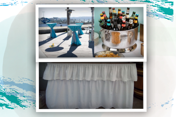 Outdoor party event setup with cocktail tables, beverage bucket, and draped table.