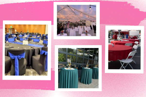 Various setups of party event equipment rentals including tables and chairs in different settings.
