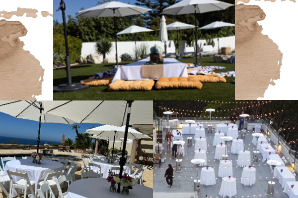 Elegant party event setup with cocktail tables, beverage cooler, and skirted table for equipment rentals and delivery in Los Angeles.
