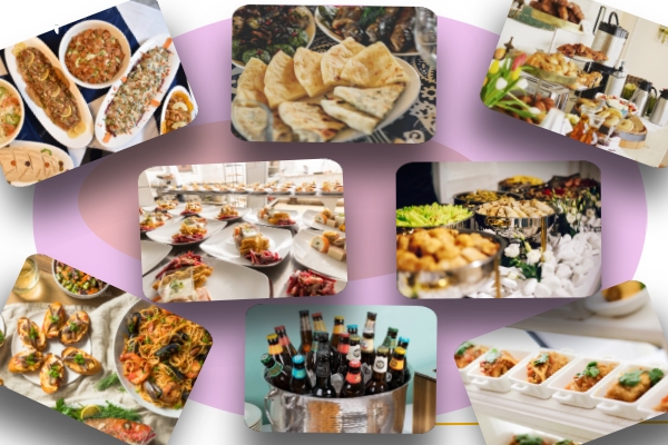 A variety of delicious food dishes and beverages arranged for a party event setup, showcasing party event equipment rentals and delivery in Los Angeles.