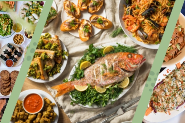 Assorted gourmet dishes including grilled fish, pasta, appetizers, and salads for customizable event catering and setup in Los Angeles.