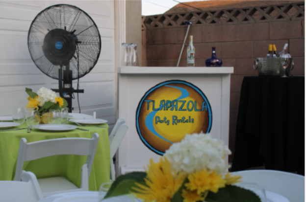 Three high-performance misting fans showcased against a vibrant blue background with water splash visuals, ideal for party event equipment rentals and delivery in Los Angeles.