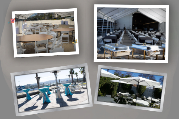 Outdoor and tented event setups with round tables, banquet seating, patio heaters, and umbrellas for party event rentals in Los Angeles.