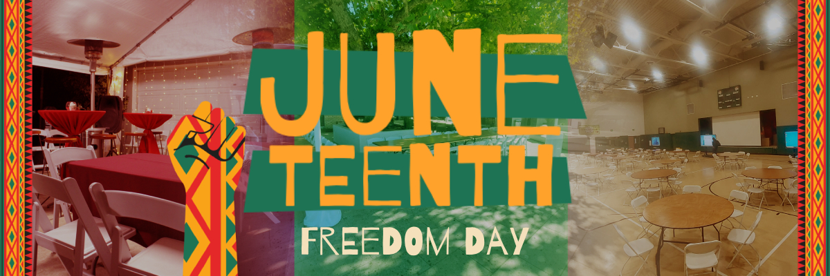 Juneteenth Freedom Day celebration setups featuring round tables, cocktail tables, tents, and chairs—available with party event equipment rentals in Los Angeles.