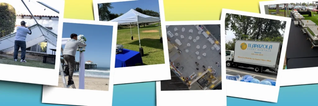 Tlapazola Event Rentals team setting up tents, tables, floral decor, buffet stations, and delivering party equipment across Los Angeles.