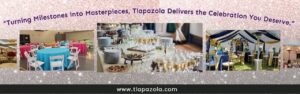 Elegant party event setups with canopy tents, buffet stations, and round tables—ideal for party event equipment rentals, event setup, and delivery in Los Angeles.