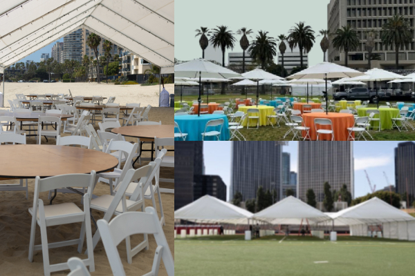 Outdoor event setup with white canopy tents, round tables, white chairs, and colorful umbrellas—perfect for party event equipment rentals and delivery in Los Angeles.