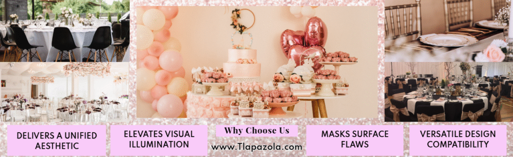 Elegant party event setups showcasing diverse table arrangements, floral decorations, and thematic backdrops—ideal for party event equipment rentals, event setup, and delivery in Los Angeles.