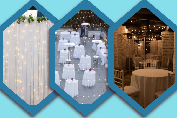 Elegant party event setups with string lights, decorated tables, and greenery backdrops—perfect for party event equipment rentals and delivery in Los Angeles.