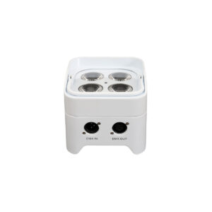 Wireless LED uplight with white housing featuring DMX in and out ports, perfect for event lighting and party equipment rentals in Los Angeles.